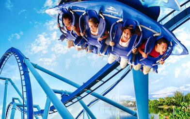 Riders on Manta roller coaster at SeaWorld, Orlando, experiencing a thrilling loop.