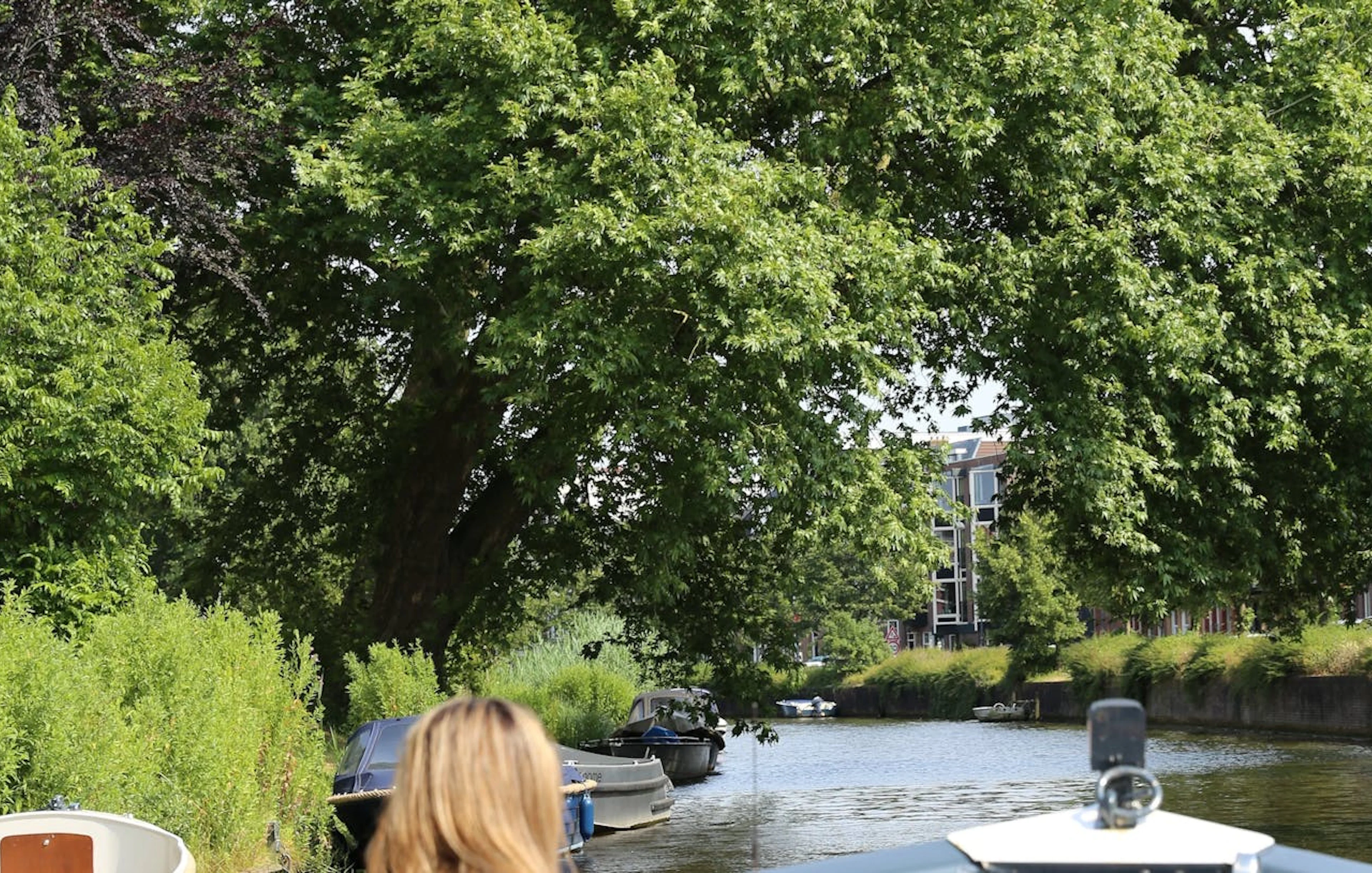Open boat cruising through Haarlem canal with lush greenery and buildings in the background.