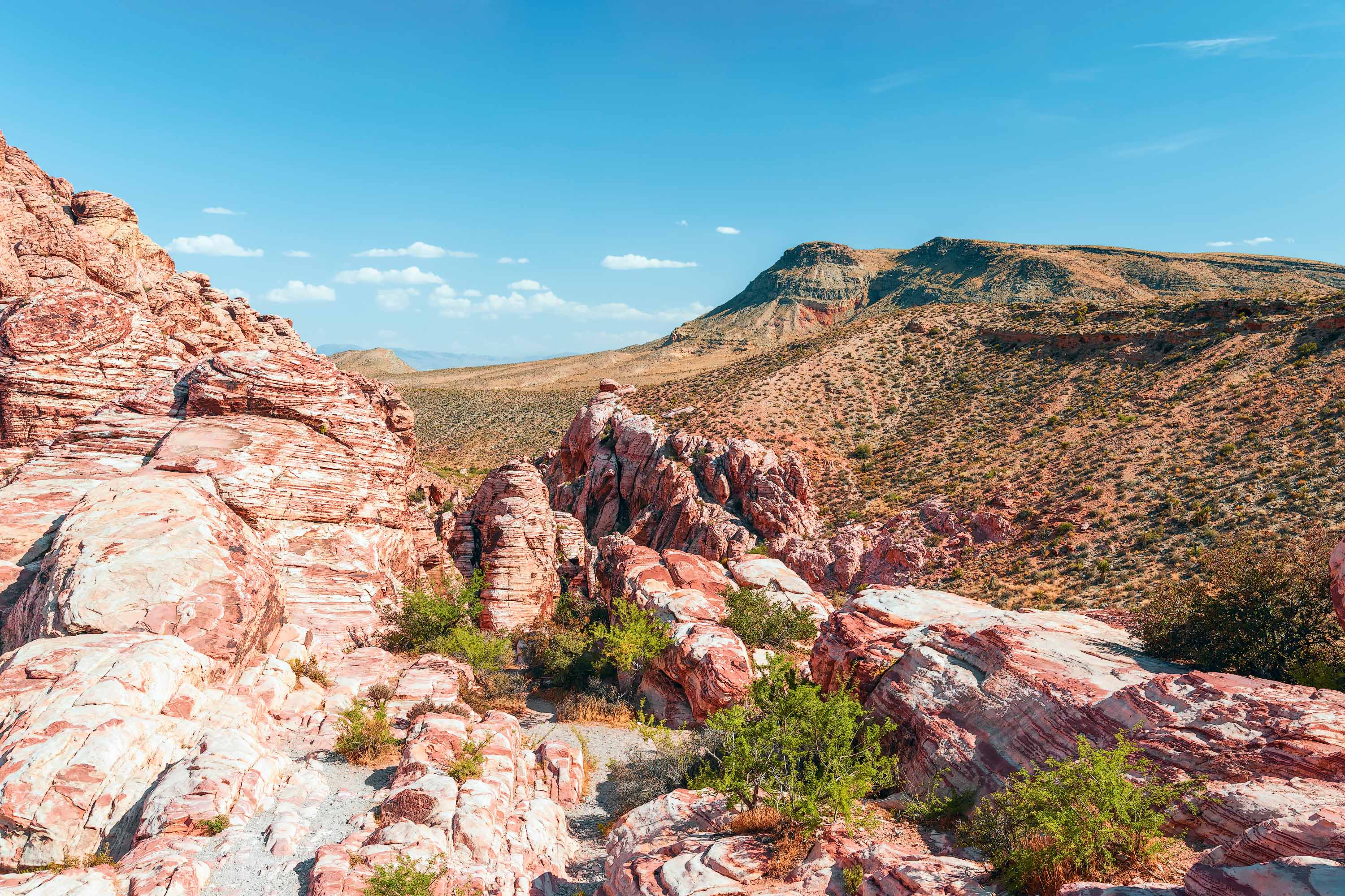 Red Rock Canyon National Conservation Area with layered red rock formations and desert landscape.