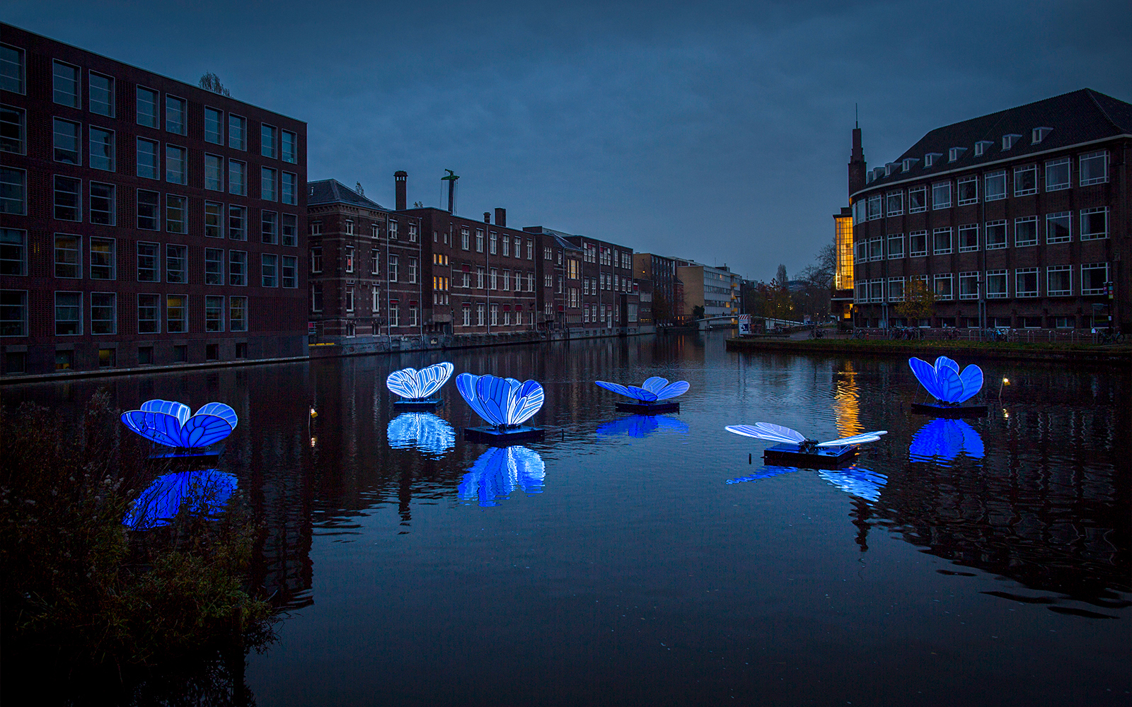 Floating blue light installations on an Amsterdam canal during the Light Festival.