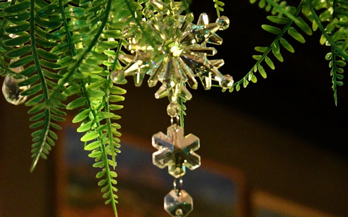 Crystal snowflake ornament hanging among green leaves in Icelandic restaurant.