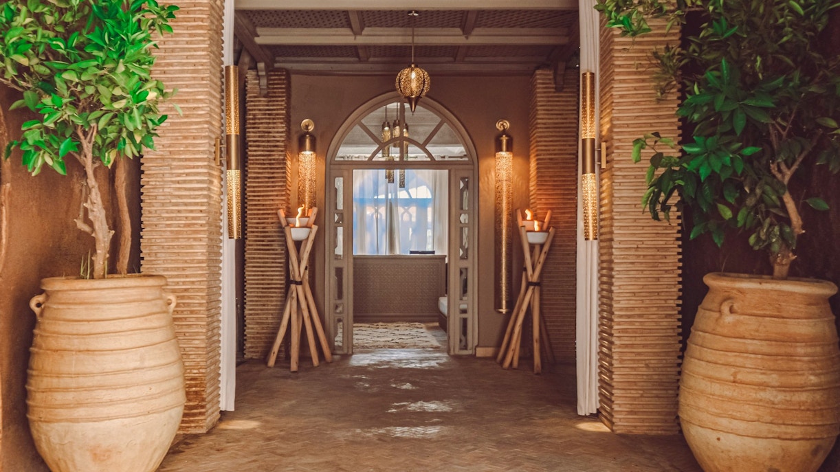 Luxury steam hammam entrance with ornate lighting and large potted plants.
