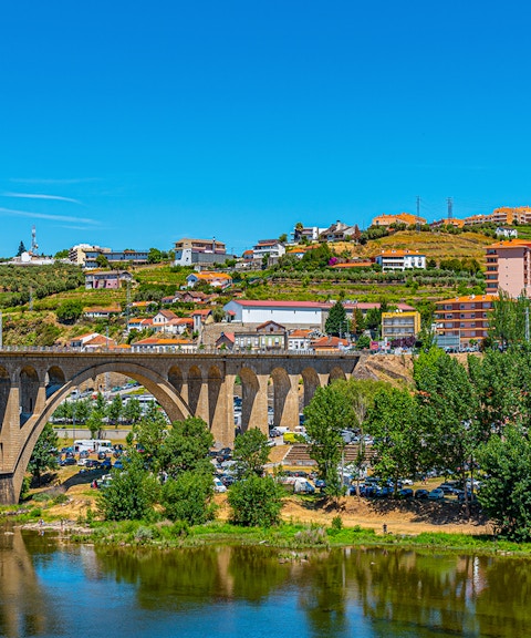 Bridge over Douro River with hillside vineyards and buildings in Peso da Régua, Portugal.