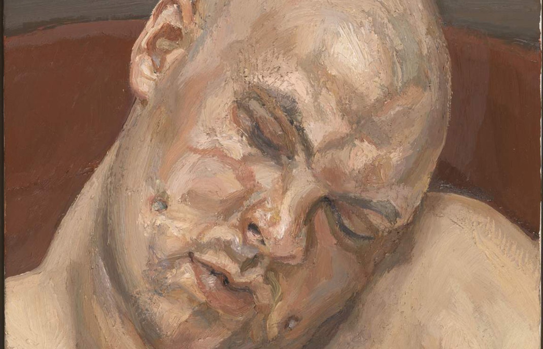 Lucian Freud painting of Leigh Bowery with eyes closed.
