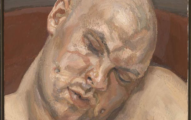 Lucian Freud painting of Leigh Bowery with eyes closed.