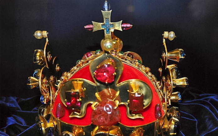 Crown adorned with jewels inside Karlstejn Castle.