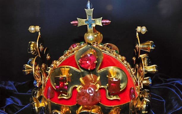 Crown adorned with jewels inside Karlstejn Castle.