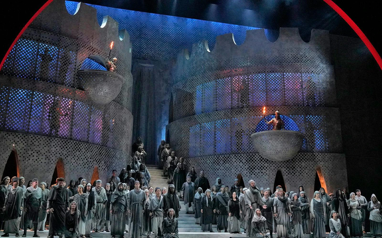 Performance of Samson et Dalila on Broadway with cast in period costumes.