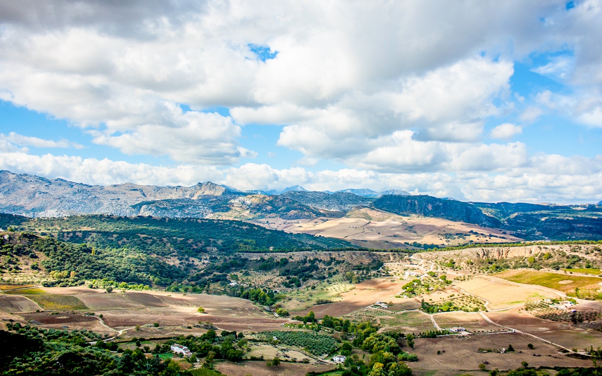 Panoramic view of Ronda valley and Serranía de Ronda mountains, Spain.