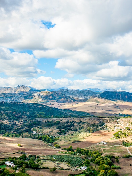 Panoramic view of Ronda valley and Serranía de Ronda mountains, Spain.