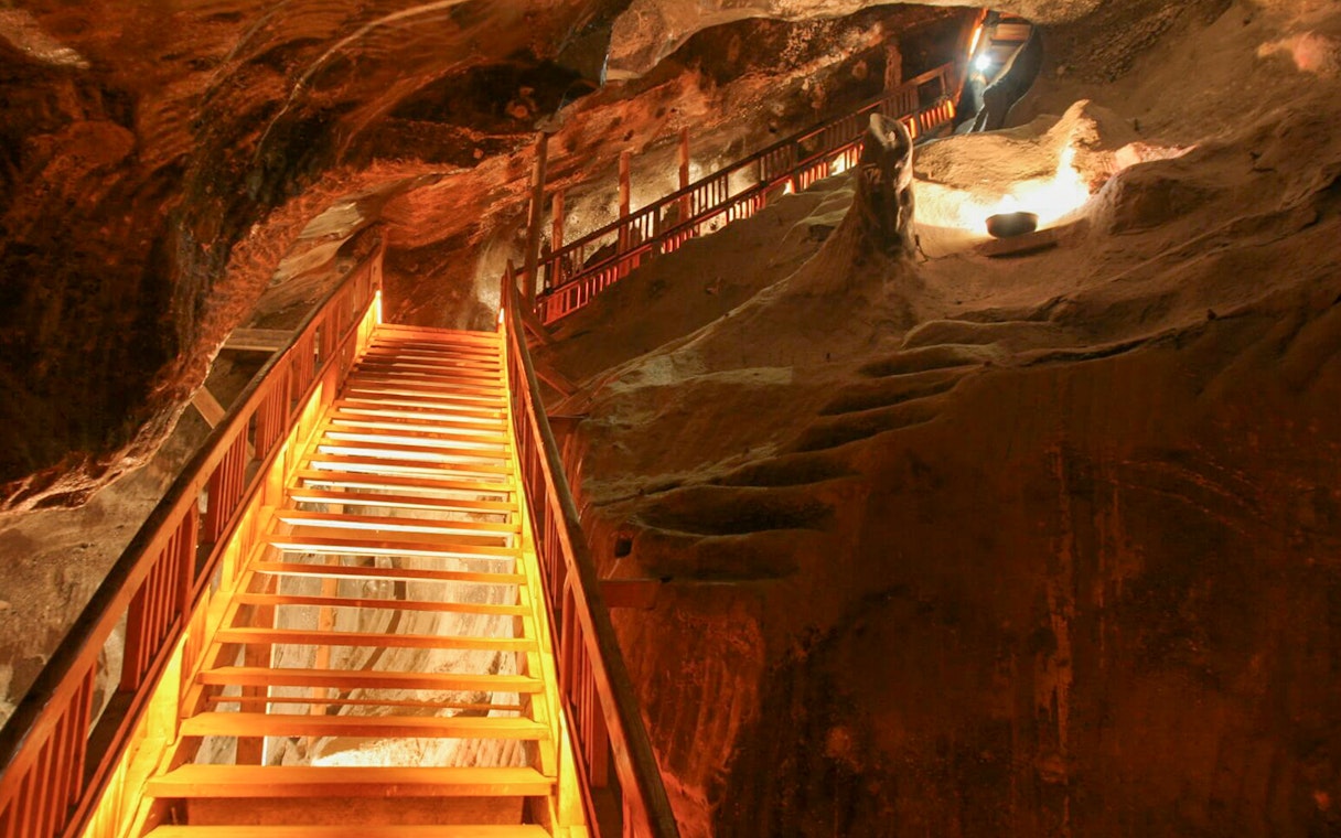 Staircase inside Wieliczka Salt Mine during guided tour with hotel transfers.