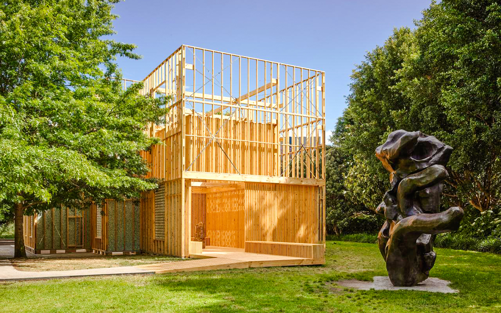 Garden sculpture and wooden installation at National Gallery of Victoria.