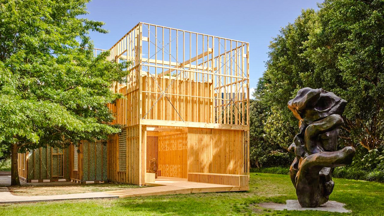 Garden sculpture and wooden installation at National Gallery of Victoria.