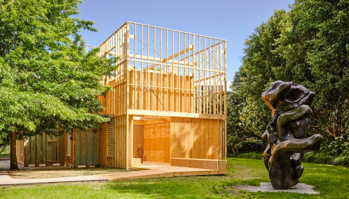 Garden sculpture and wooden installation at National Gallery of Victoria.