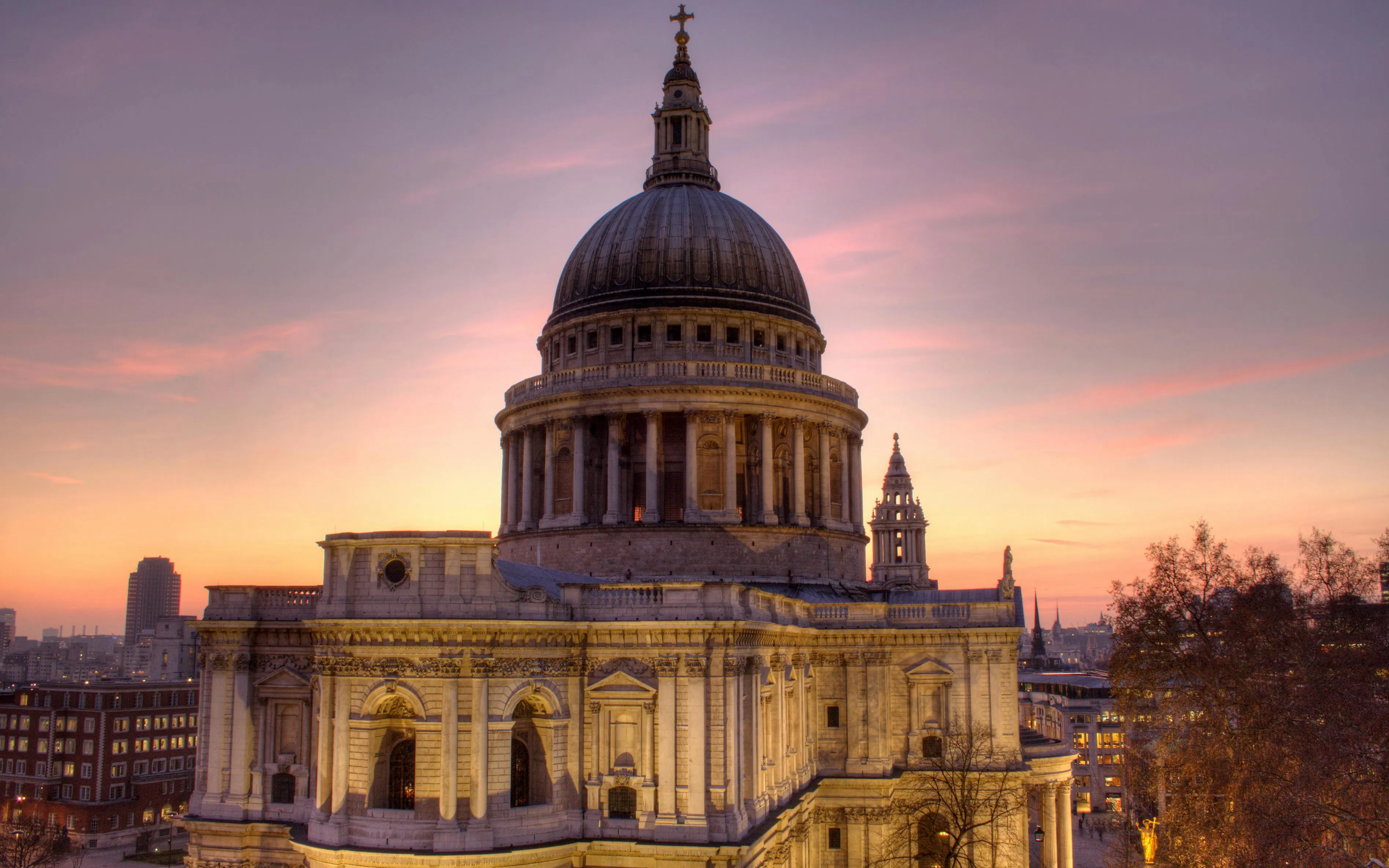 St. Paul's Cathedral at sunset during the London Christmas Lights Night Bus Tour.