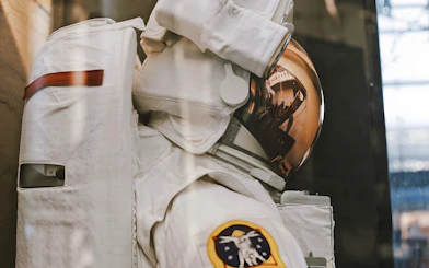 Astronaut suit display at Smithsonian's National Air and Space Museum.