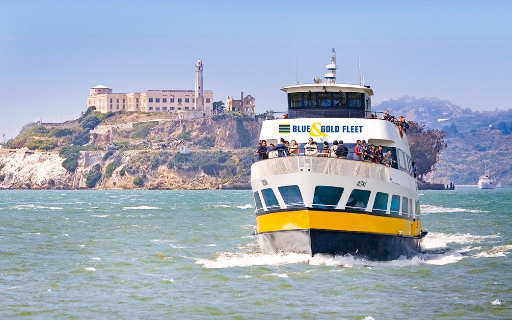 Ferry approaching Alcatraz Island on San Francisco Bay cruise.