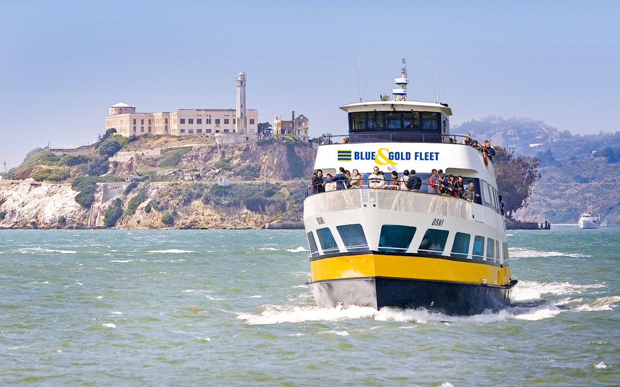 Ferry approaching Alcatraz Island on San Francisco Bay cruise.