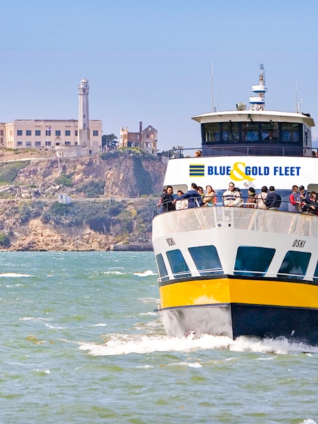 Ferry approaching Alcatraz Island on San Francisco Bay cruise.