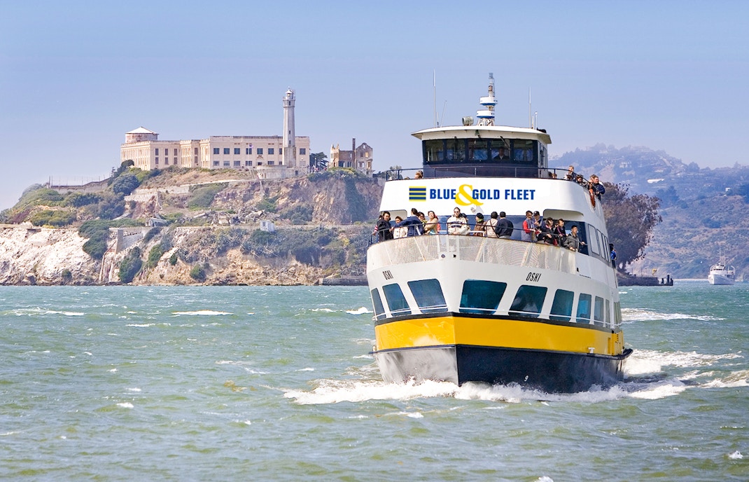 Ferry approaching Alcatraz Island on San Francisco Bay cruise.