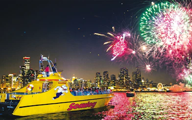 Sea Dog Cruise on Lake Michigan with Chicago skyline and fireworks display.