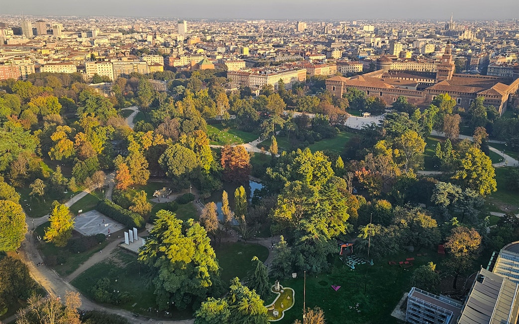 Aerial view of Sforza Castle and lush park in Milan, Italy.