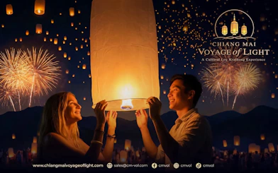 Lantern release during Chiang Mai Voyage of Light festival with fireworks in the background.