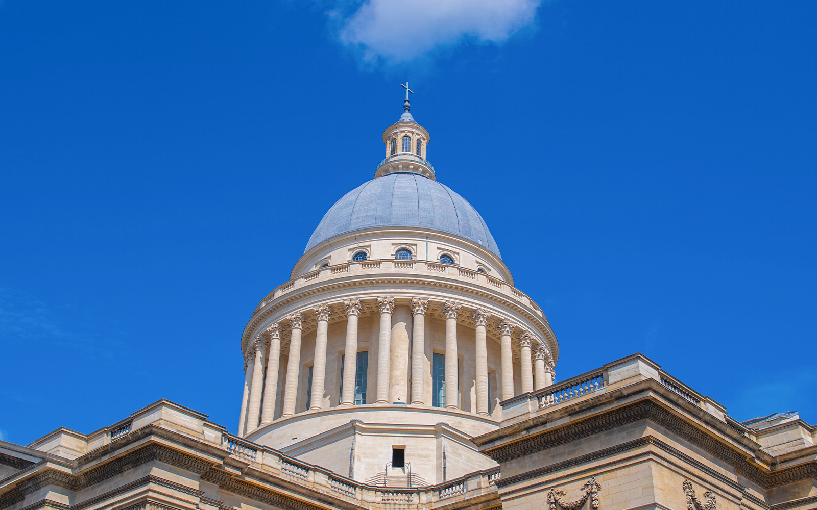 Colonnade of the Pantheon in Paris with architectural details.
