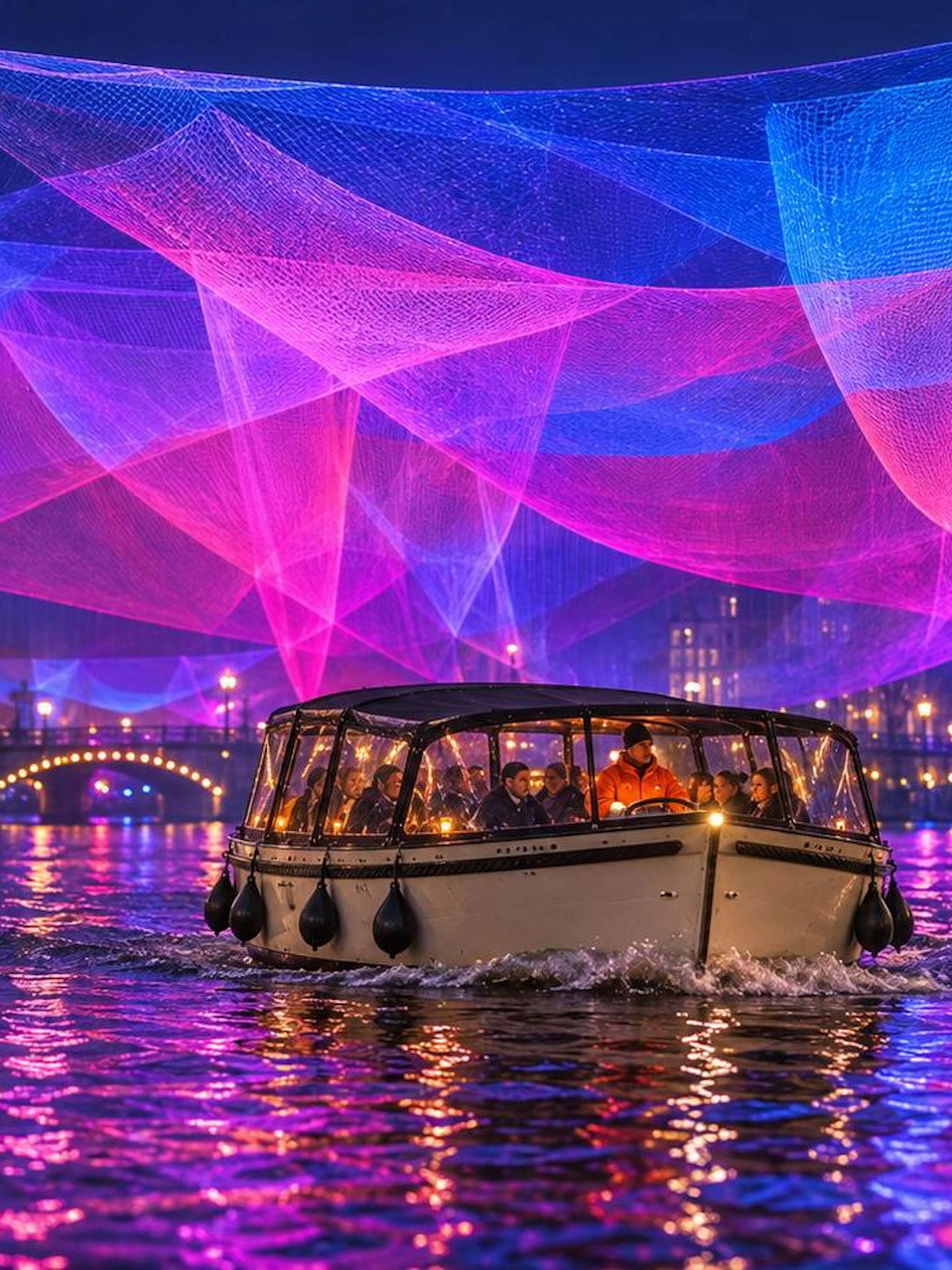 Boat tour under colorful light installations at Amsterdam Light Festival.