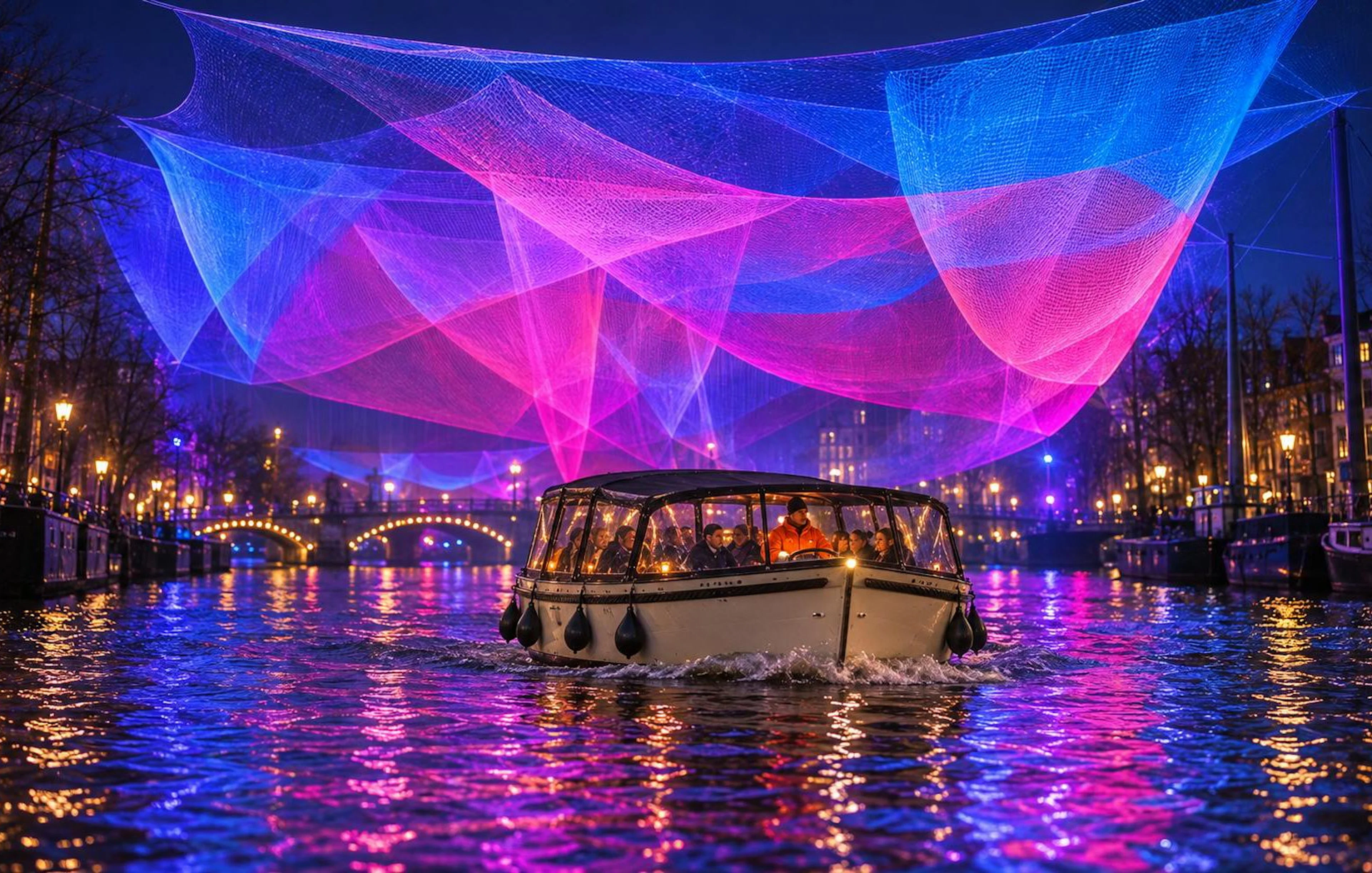 Boat tour under colorful light installations at Amsterdam Light Festival.