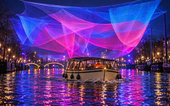Boat tour under colorful light installations at Amsterdam Light Festival.