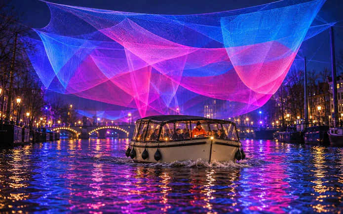 Boat tour under colorful light installations at Amsterdam Light Festival.
