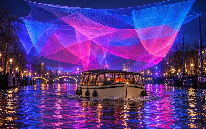 Boat tour under colorful light installations at Amsterdam Light Festival.