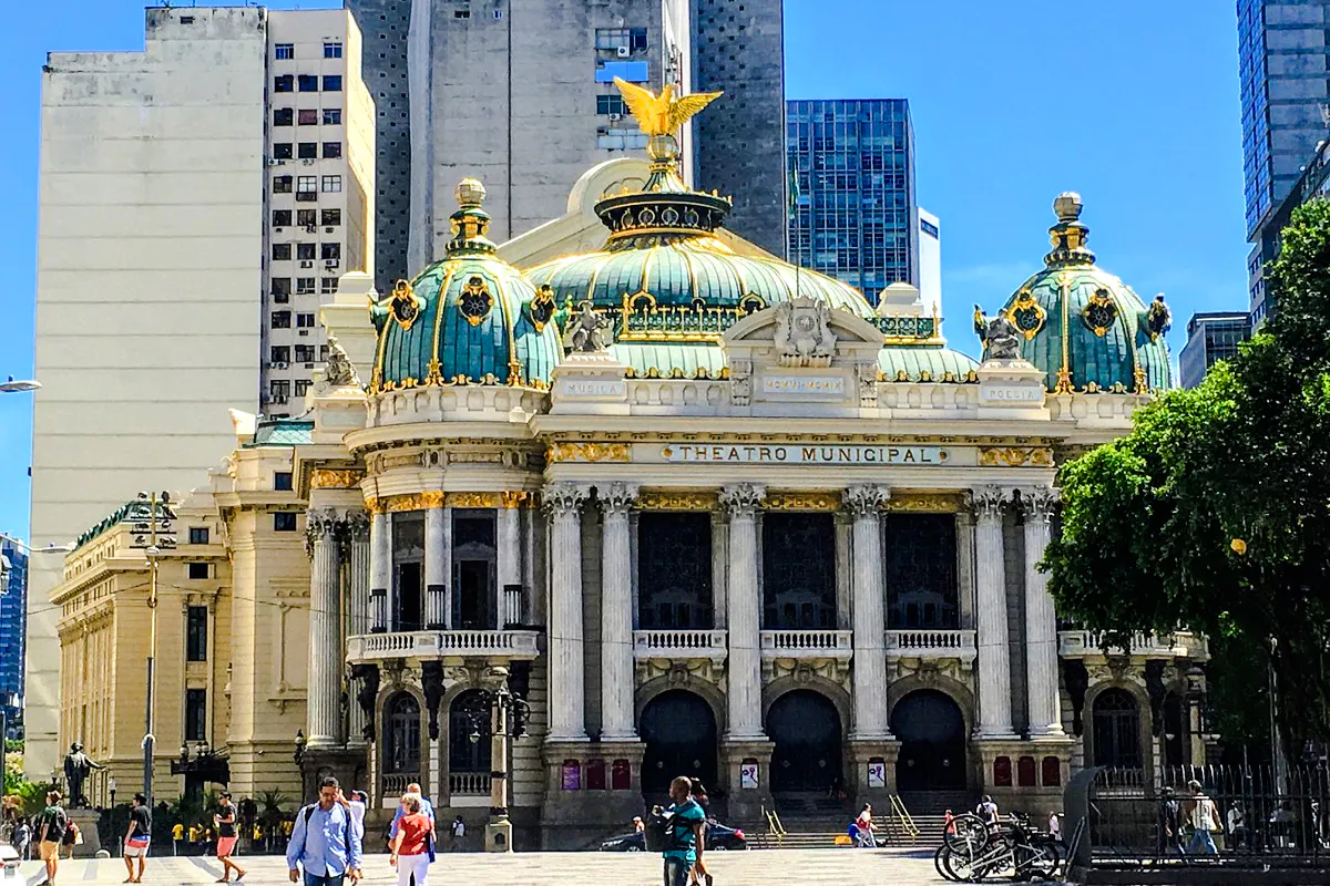 Theatro Municipal facade in Rio de Janeiro's historic center.