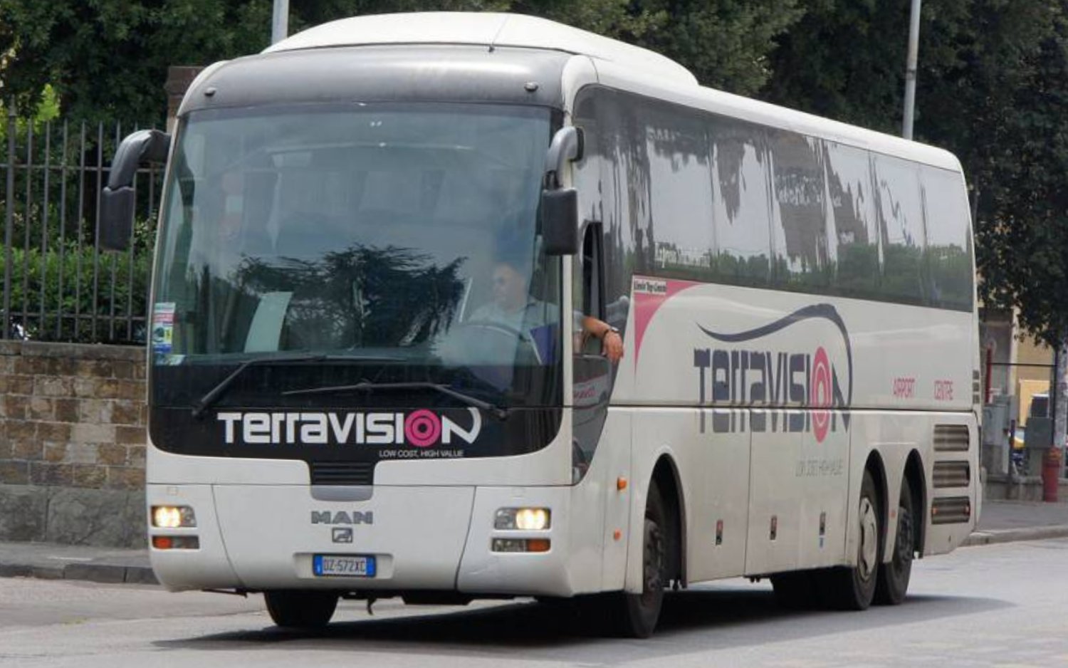 Terravision airport transfer bus in Istanbul on a city street.