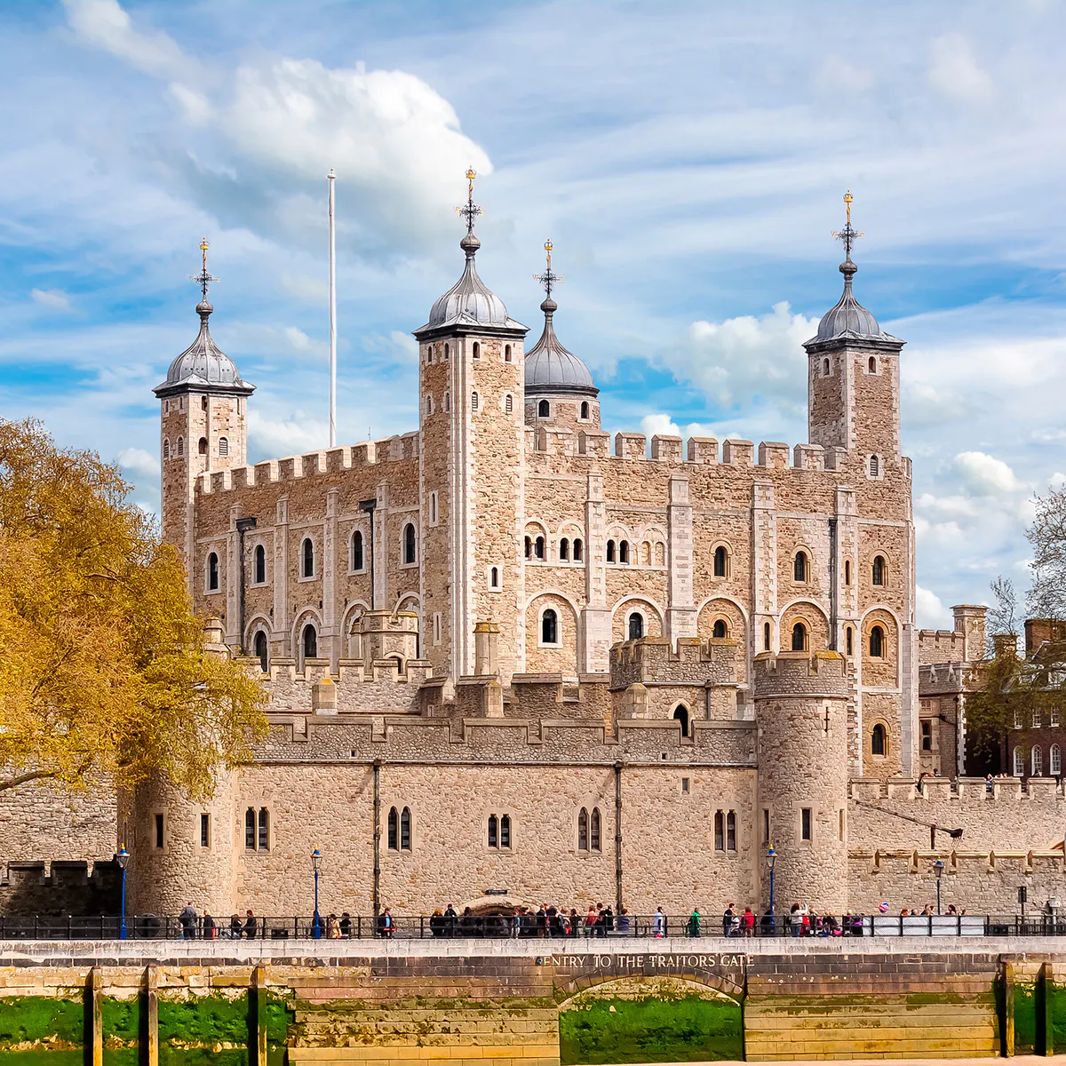 Tower of London with historic stone walls and turrets, United Kingdom.