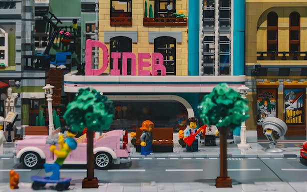 LEGO® cityscape with diner and street scene from BrickWorld exhibition at WOW Porto.