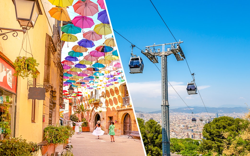 Colorful umbrellas in a Spanish street and cable cars over Barcelona cityscape.
