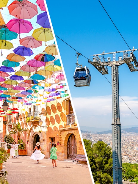 Colorful umbrellas in a Spanish street and cable cars over Barcelona cityscape.