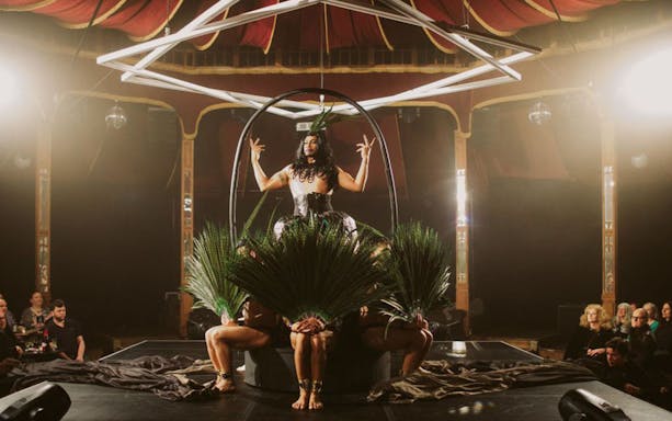 Performer on stage at Bite Club show with elaborate costume and audience in background.