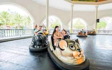 People enjoying bumper car rides at an amusement park.