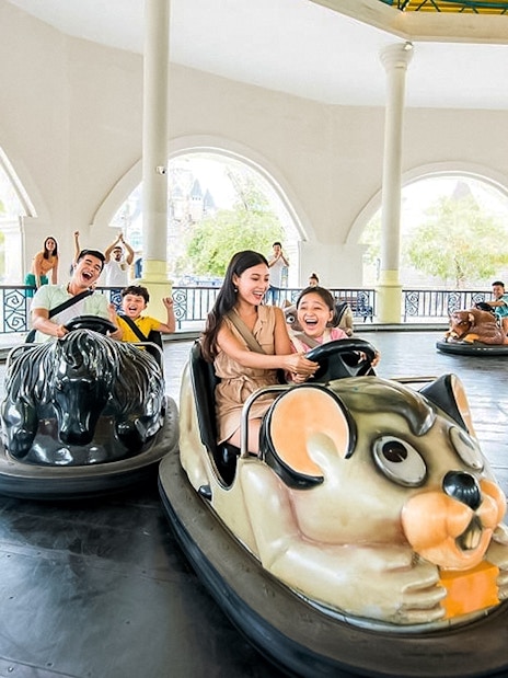 People enjoying bumper car rides at an amusement park.