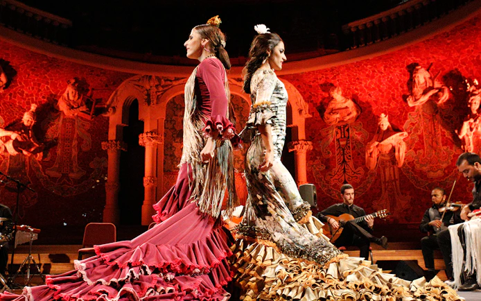 Flamenco dancers performing at Poliorama Theater Gran Gala Flamenco in Barcelona.