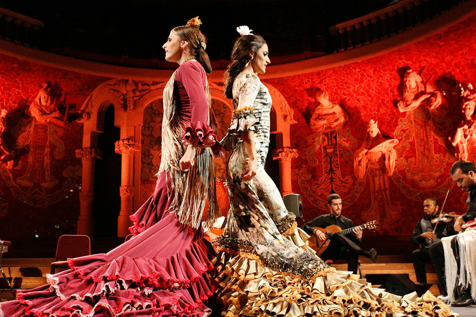 Flamenco dancers performing at Poliorama Theater Gran Gala Flamenco in Barcelona.