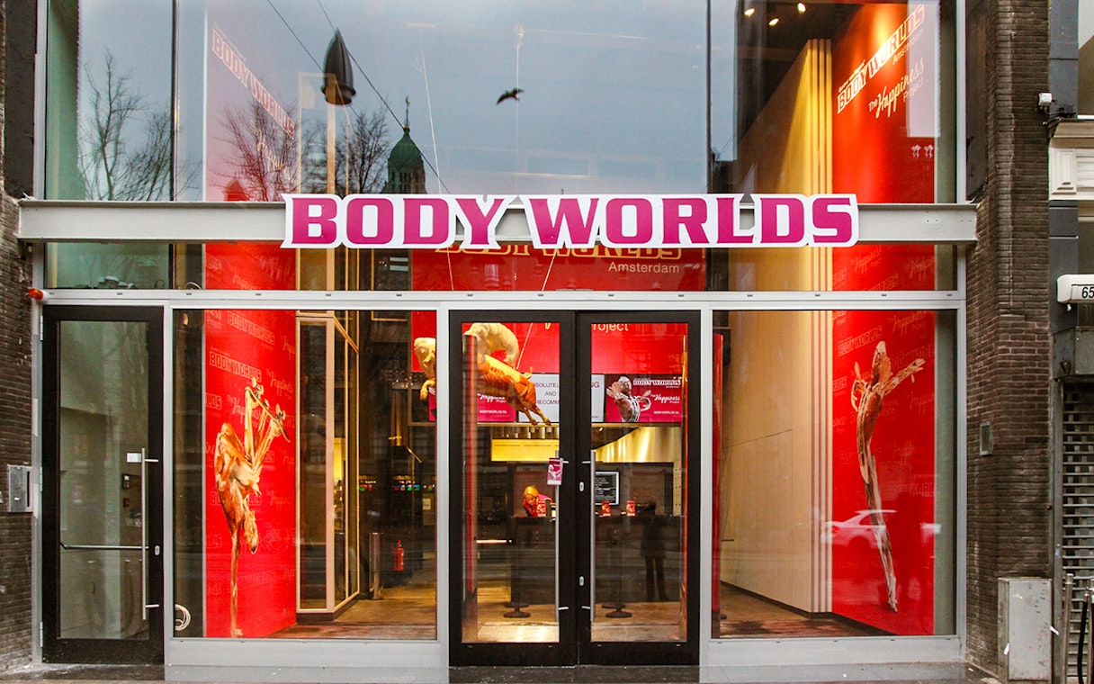 Body Worlds Amsterdam entrance with anatomical exhibits visible through glass doors.