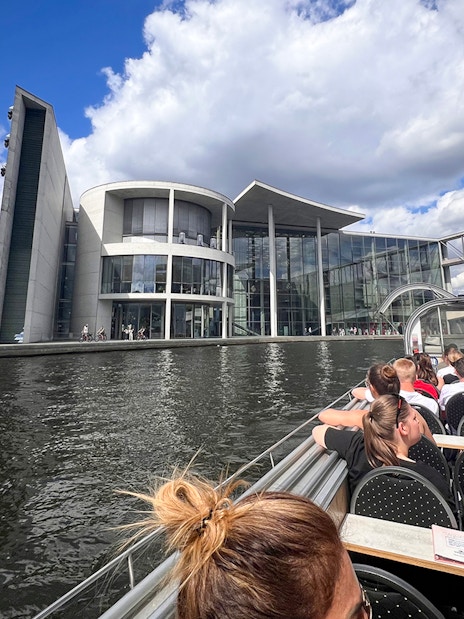 Marie-Elisabeth-Lüders-Haus viewed from a boat during Berlin sightseeing cruise.