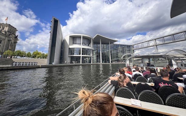 Marie-Elisabeth-Lüders-Haus viewed from a boat during Berlin sightseeing cruise.
