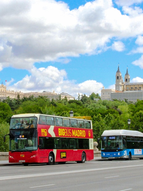 Big Bus touring Madrid street with Royal Palace and Almudena Cathedral in background.