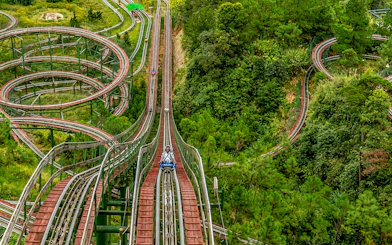 Alpine Coaster winding through lush forest at Ba Na Hills, Da Nang, Vietnam.