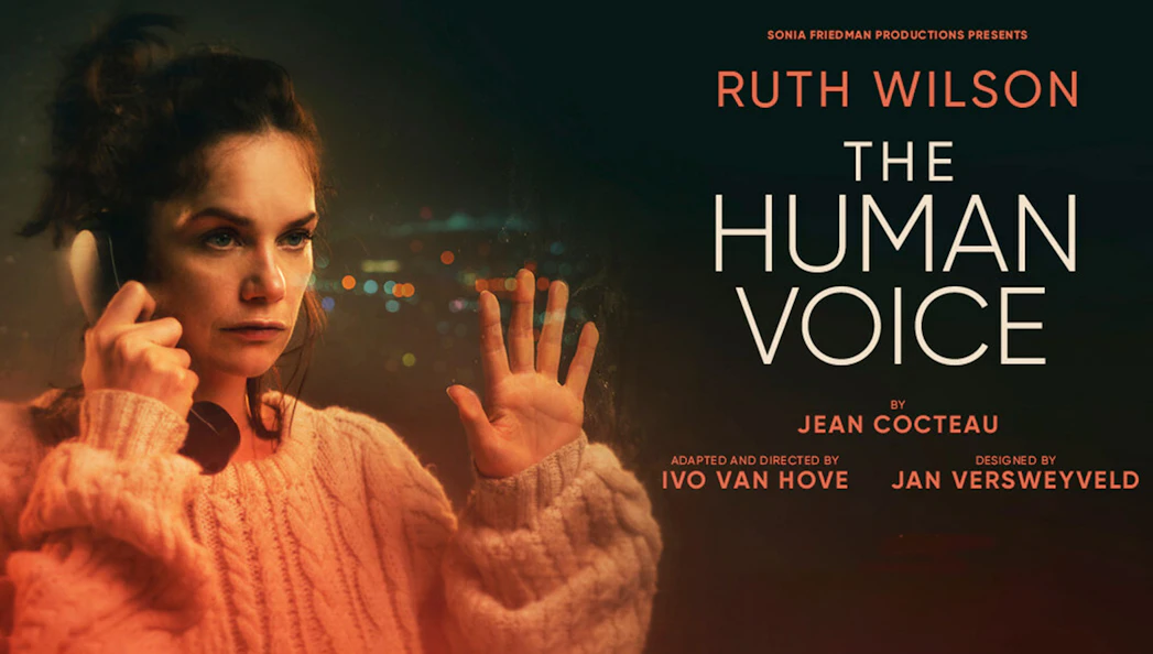 Woman on phone with city lights in background, promoting "The Human Voice" by Jean Cocteau.